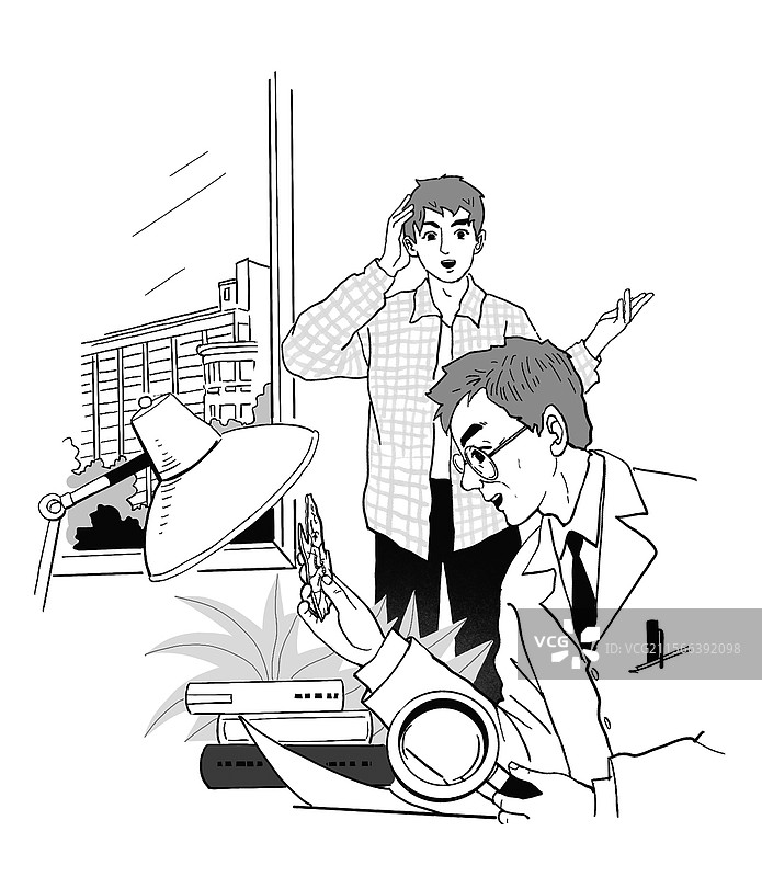 黑白插画 科研人员 考古 教授 甲骨文 龟甲 文字 历史研究图片素材