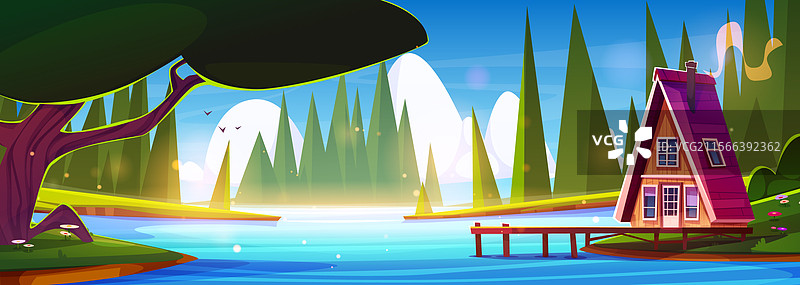 森林湖泊卡通画，岸边有小木屋图片素材