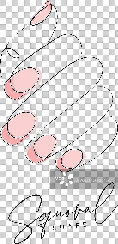 女性手部涂有粉色椭圆形指甲油，背景为米色。图片素材