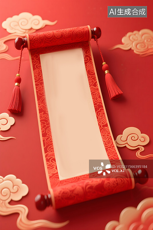 【AI数字艺术】红色背景上的空白卷轴图片素材