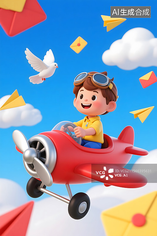 【AI数字艺术】一个小男孩在开飞机图片素材