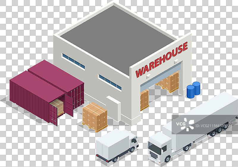 等距视角的大型现代仓库与卡车图片素材