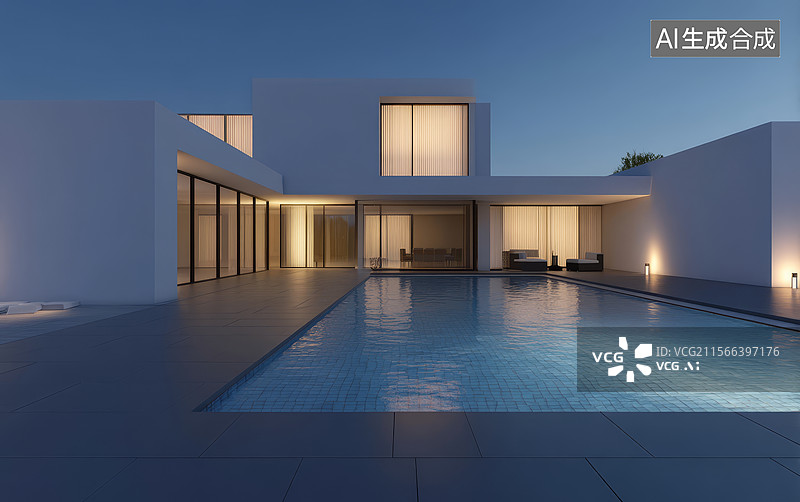 【AI数字艺术】现代别墅夜景图片素材