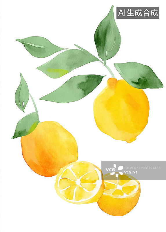 【AI数字艺术】水彩画风格的柠檬和叶子图片素材