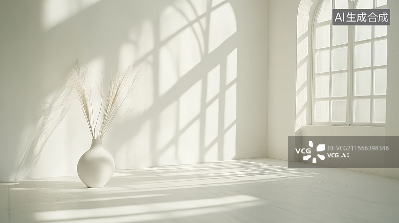【AI数字艺术】白色房间中的花瓶与光影图片素材