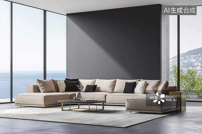 【AI数字艺术】现代客厅与海景图片素材