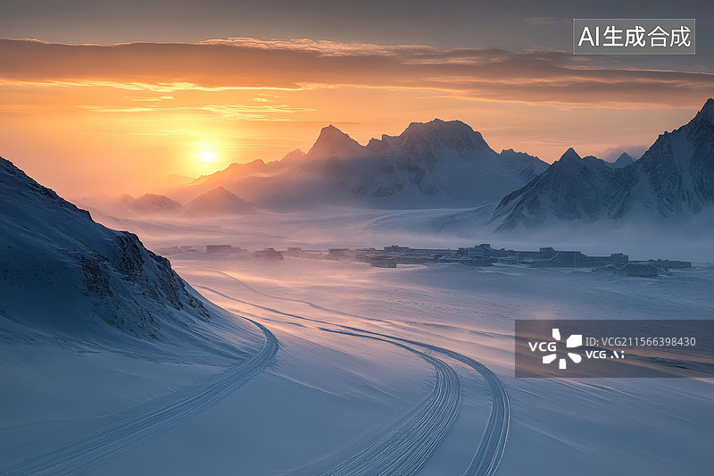 【AI数字艺术】日出时分的雪山景观图片素材