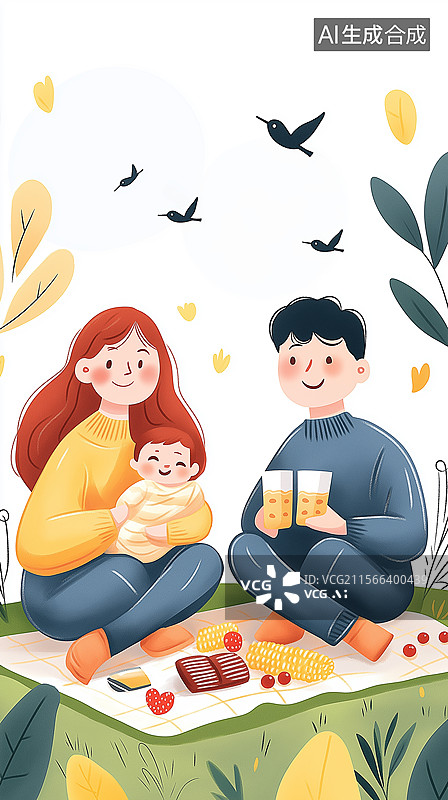 【AI数字艺术】幸福家庭户外野餐插画图片素材