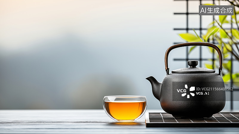 【AI数字艺术】禅意茶具：铁壶与清茶的意境图片素材