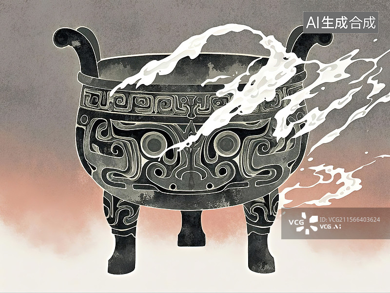 【AI数字艺术】夸张造型的古代青铜器大克鼎卡通水墨插图图片素材