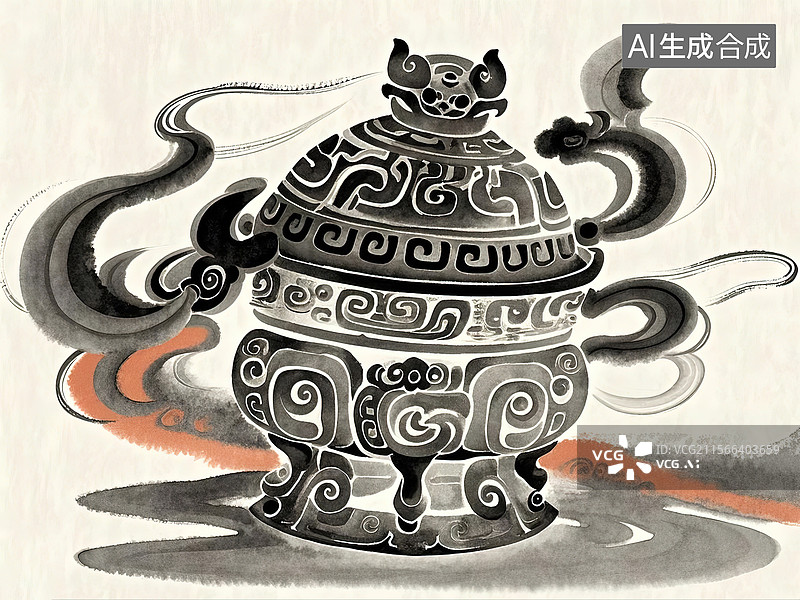 【AI数字艺术】夸张造型的古代青铜器豆卡通水墨插图图片素材