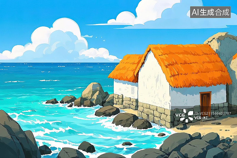 【AI数字艺术】山东威海海草房卡通扁平插画图片素材