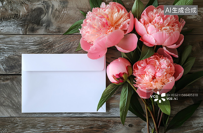 【AI数字艺术】粉红色牡丹春夏花放在棕色木桌上，信封用空纸，平铺俯视。复制文本空间。图片素材