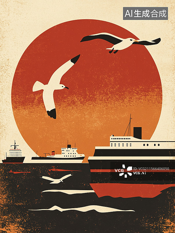 【AI数字艺术】轮船扁平风插画图片素材