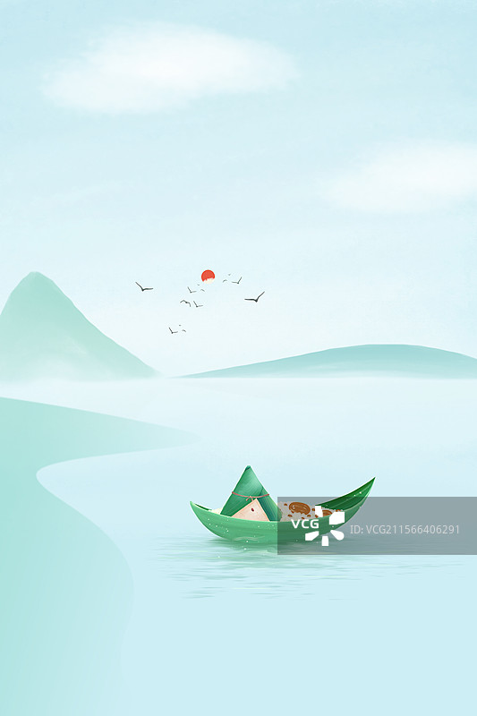 中国风山水端午节插画 端午安康 赛龙舟 湖面上的粽叶小船和粽子 竖版图片素材