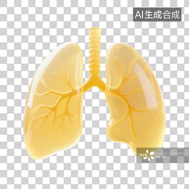 【AI数字艺术】3D渲染，黄色透明玻璃质感，肺，呼吸系统疾病，肺炎，免抠元素图片素材