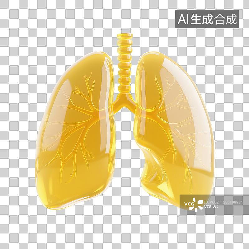 【AI数字艺术】3D渲染，黄色透明玻璃质感，肺，呼吸系统疾病，肺炎，免抠元素图片素材