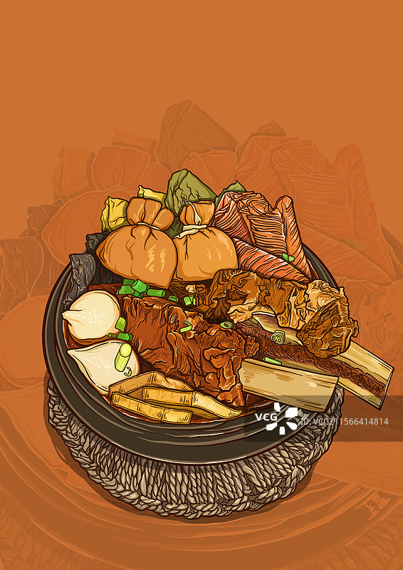 手绘美食海带丸子排骨汤插画图片素材