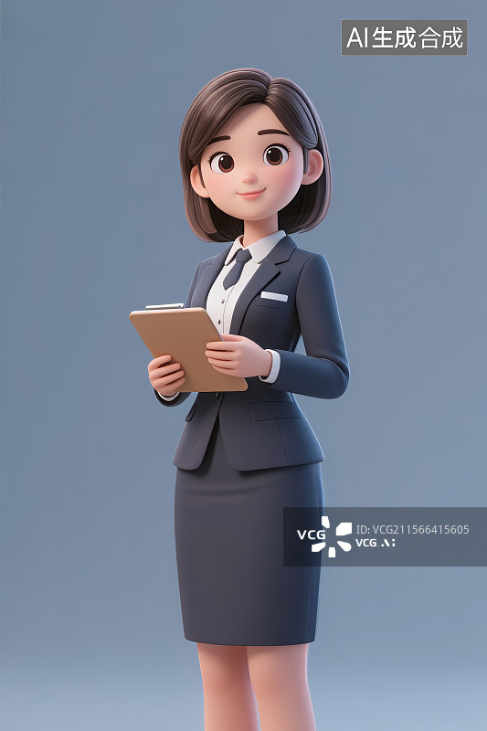 【AI数字艺术】一名拿着笔记本的商务女白领，3D三维图形图片素材