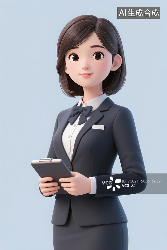 【AI数字艺术】一名拿着笔记本的商务女白领，3D三维图形图片素材