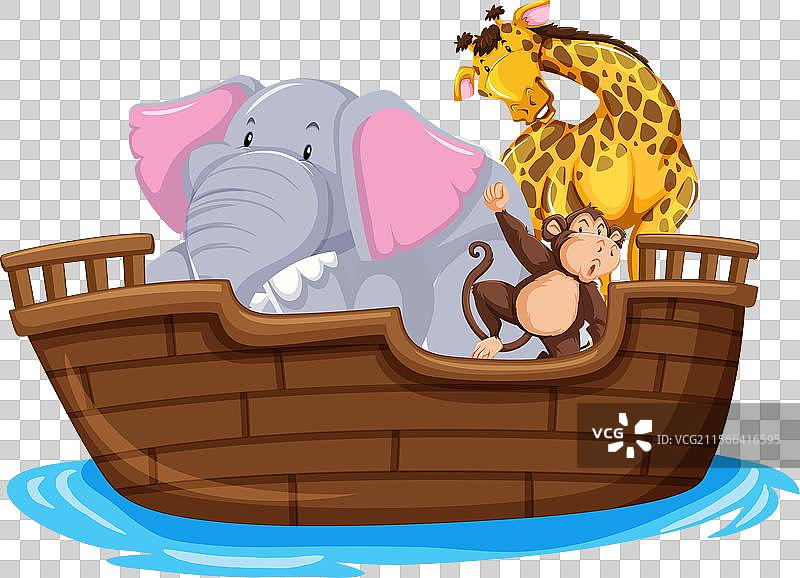 大象、长颈鹿和猴子一起在船上图片素材