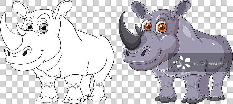 微笑的犀牛，包含彩色和轮廓版本图片素材