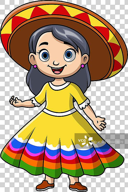 可爱的女孩卡通形象，穿着墨西哥服装图片素材