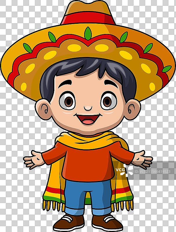 可爱的男孩卡通穿着墨西哥服装图片素材