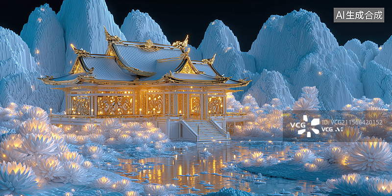 【AI数字艺术】游戏仙境国风雪山顶的的金色楼阁莲花池3D立体卡通插画图片素材