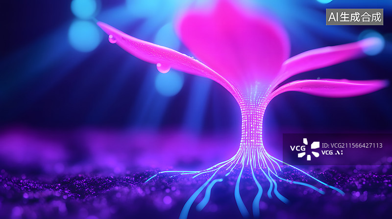 【AI数字艺术】发光的粉色植物与蓝色光线图片素材