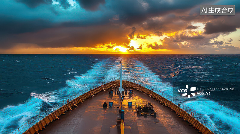 【AI数字艺术】黄昏航船破浪前行海上日落图片素材