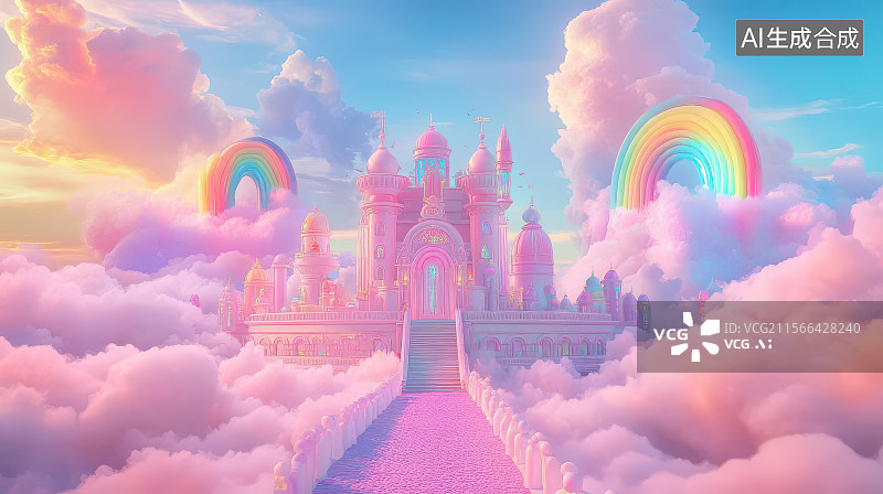 【AI数字艺术】云端粉彩城堡与双彩虹阶梯图片素材