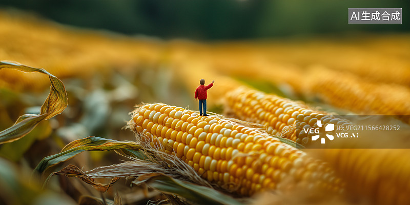【AI数字艺术】玉米田中采摘玉米的玩偶微缩摄影创意背景插画图片素材