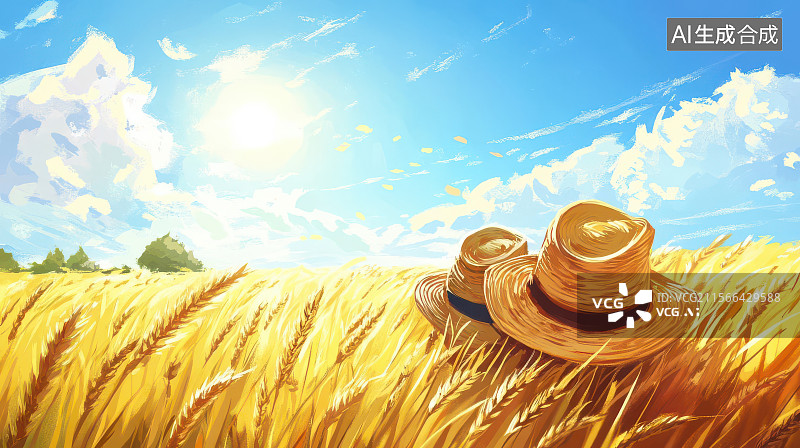 【AI数字艺术】金色麦田草帽家人背影暖阳图片素材