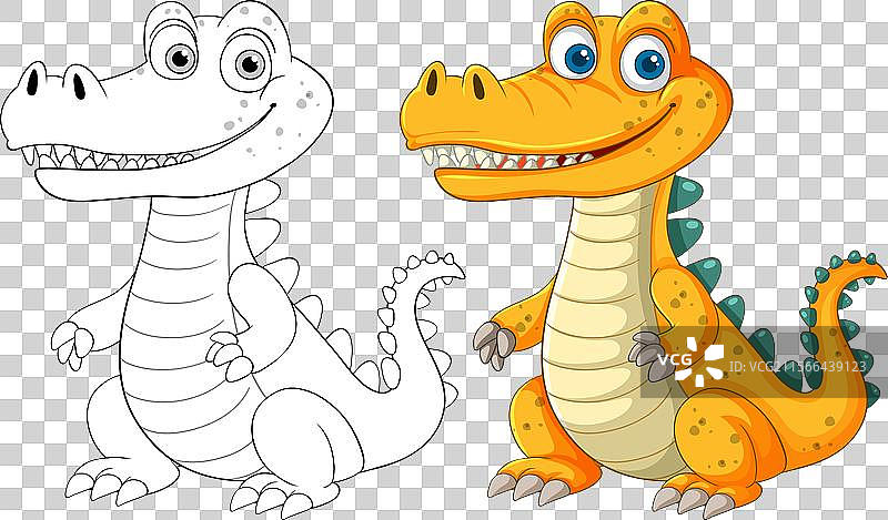微笑的鳄鱼，包含彩色和轮廓版本图片素材