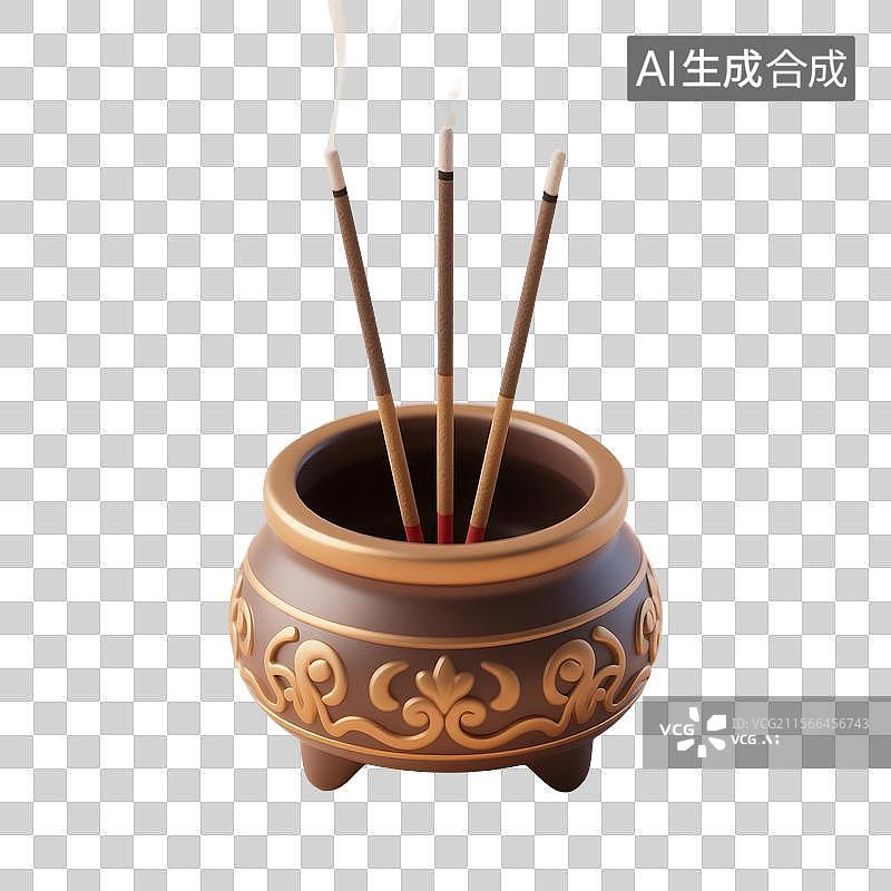 【AI数字艺术】3D渲染，中国风香炉，铜香炉，清明节祭祀祭奠，焚香，沉香，香道，香文化，免抠元素图片素材