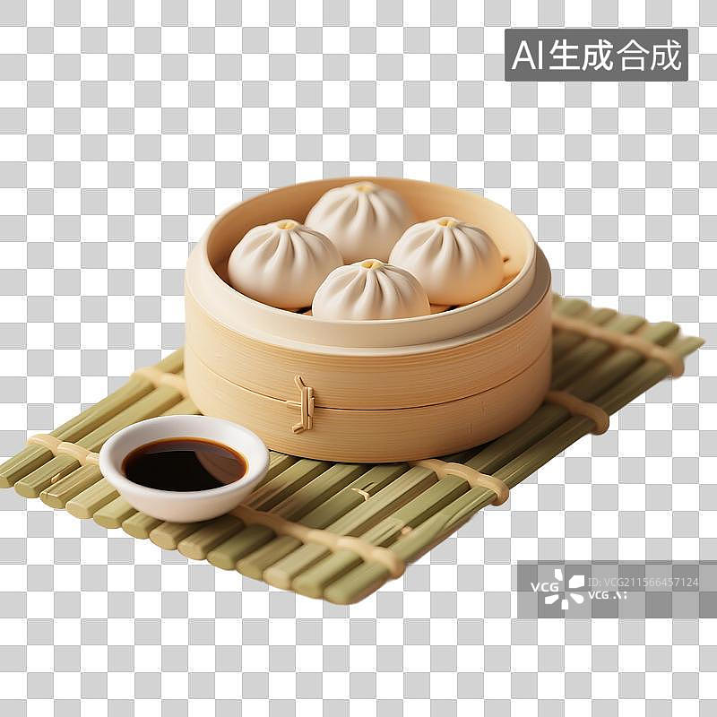 【AI数字艺术】3D渲染，小笼包和蘸水，陈醋蘸料，美食免抠元素，放在蒸笼里的一屉小笼包，鲜肉包子，速冻食品，传统美食图片素材