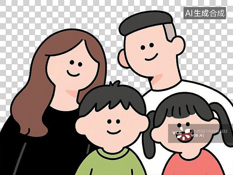 【AI数字艺术】手绘插画，卡通人物，一家四口，全家福，二孩家庭，免抠元素图片素材