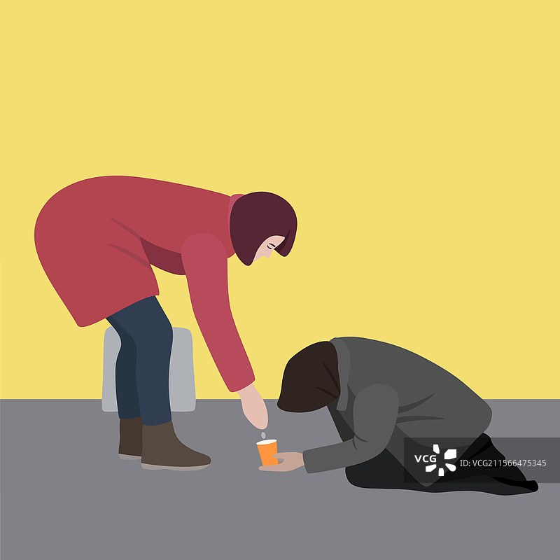 一位女性向乞丐施舍。图片素材