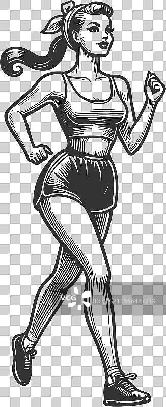 穿着复古运动服的女性慢跑素描图片素材