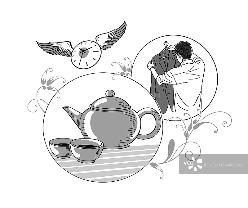 黑白插画插图速写线描 管理时间身材 时尚穿衣搭配 休闲生活 舒适放松 健康健身 养生图片素材