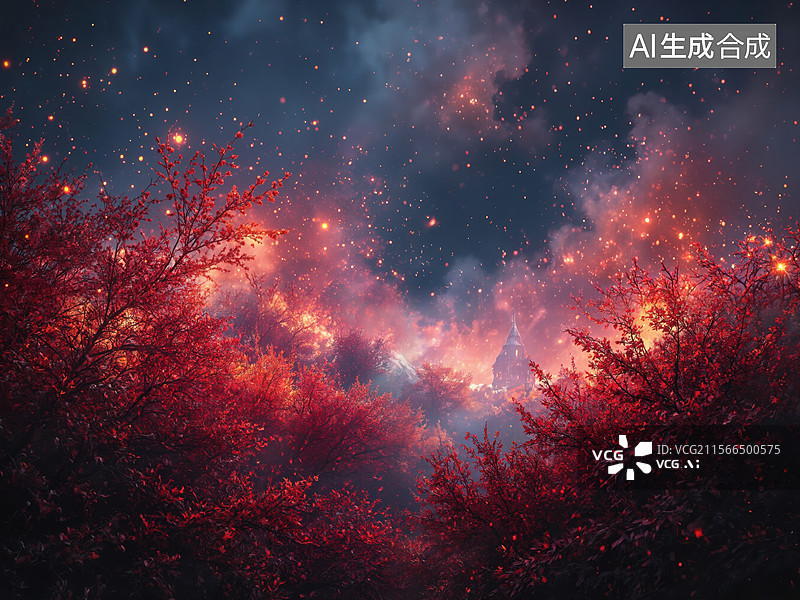 【AI数字艺术】火焰森林夜景图片素材