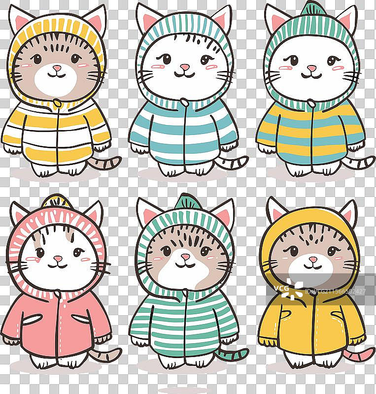可爱的卡通猫穿着五彩斑斓的夹克，条纹图案。图片素材