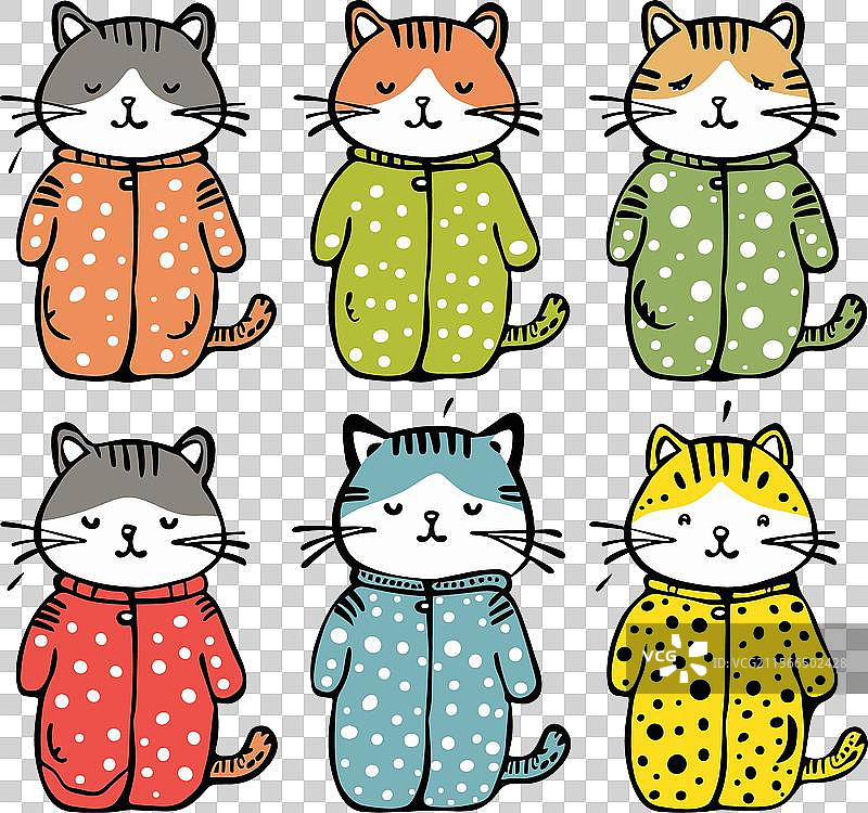 六只穿着色彩缤纷连体衣的卡通猫，独一无二图片素材