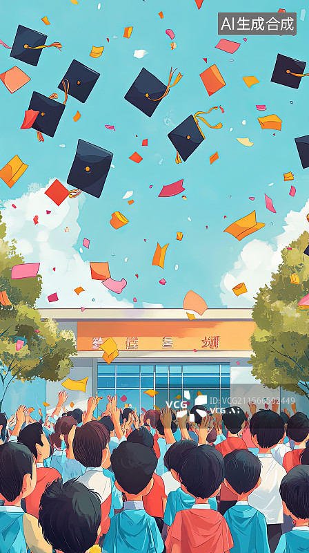 【AI数字艺术】毕业季插画可爱卡通形象开心的毕业生学生的笑脸图片素材