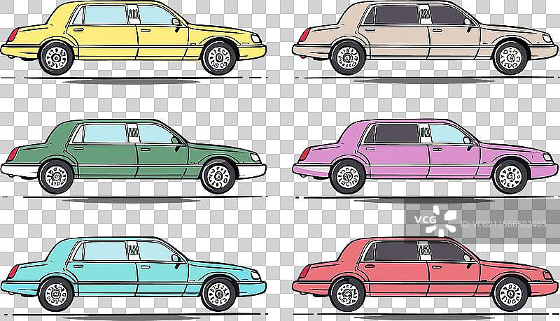 六辆色彩斑斓的豪华轿车并排展示图片素材