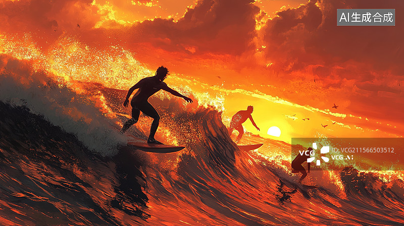 【AI数字艺术】世界海洋日插画夕阳下冲浪者脚踏冲浪板在橙红色的海浪间驰骋图片素材
