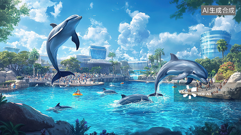【AI数字艺术】世界海洋日插画海洋公园里海豚海狮欢快地跳跃表演图片素材