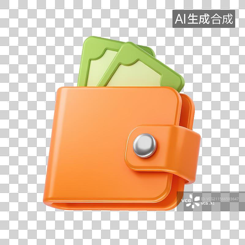 【AI数字艺术】3D渲染卡通橙色钱包与折叠纸币图片素材