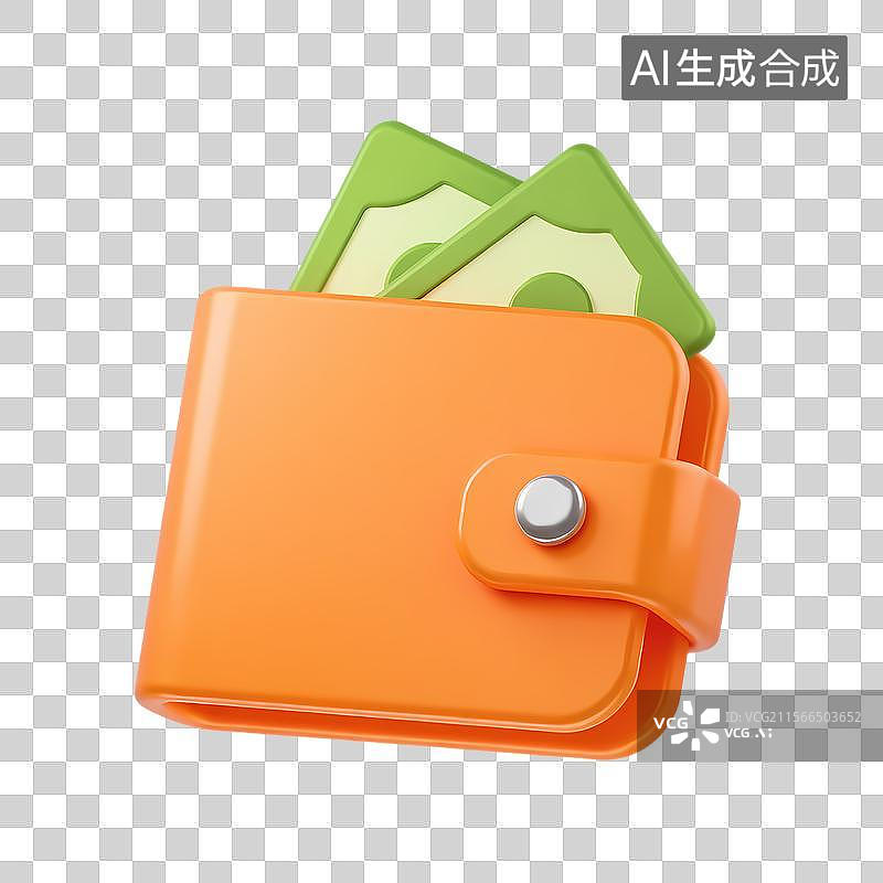 【AI数字艺术】3D渲染卡通橙色钱包与折叠纸币图片素材